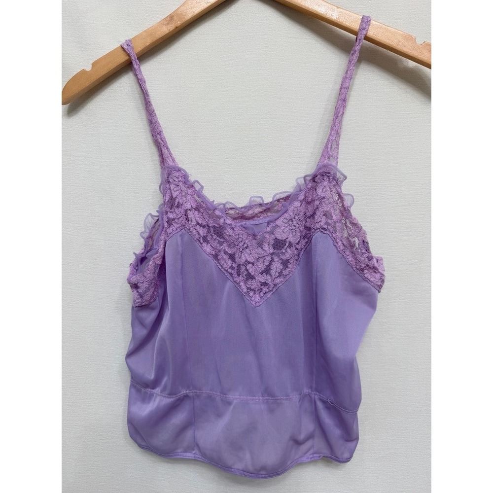 Vintage Purple Lace Trim Camisole Top Size 34 Lavender Coquette Pastel Sheer